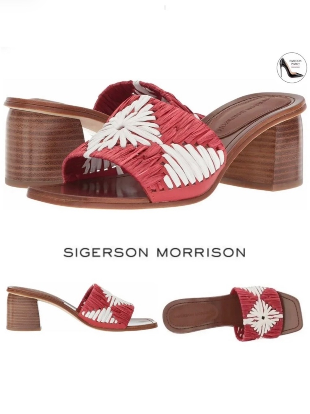 Sigerson Morrison Marnin Red Leather & Woven Raffia Mules Slip-On Sandals 9.5